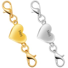 925 Silver Heart-Shaped Magnetic Necklace Clasps and Closures, Magnetic Clasp Converter for Jewelry Making Supplies,Chain Extender Connector for Necklace Bracelet (1gold + 1silver)
