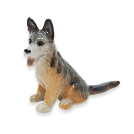 WitnyStore Tiny 1½" Grey Brown Sitting German Shepherd Alsatian Dog - Miniature Hand Made Painted Ceramic Dogs Puppy Hound Canine Animals Cute Porcelain Decorative Collectible Figures Décor Gifts