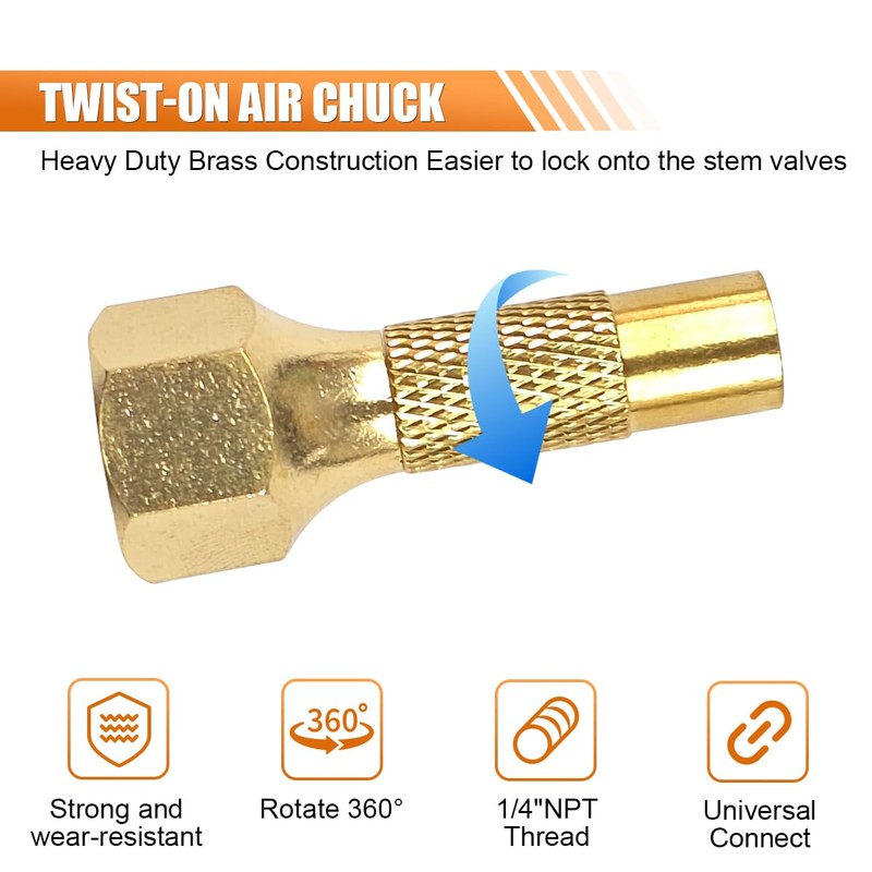 2PCS Air Chuck Twist-on, Heavy-Duty Brass 1/4 Female NPT Tire