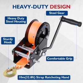 Heavy Duty Boat Trailer Hand Winch 3500Lbs with 32.8ft Polyester Strap, Manual Operated Hand Crank Winch for Trailer, Boat, ATV Towing