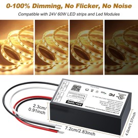 24V Dimmable LED Driver, 60W Triac ELV/MLV LED Transformer Compatible with Lutron&Leviton Switches, Dimmable Power Supply 60W 24V for Light Smooth Flicker Free Dimming