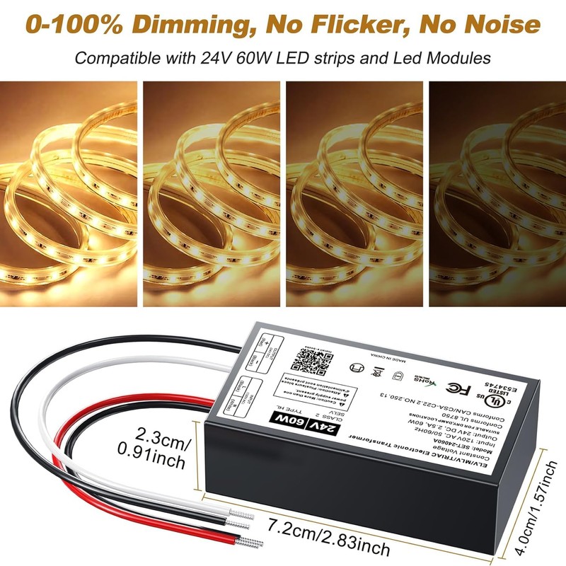 24V Dimmable LED Driver, 60W Triac ELV/MLV LED Transformer Compatible