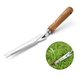 Manual Weeder with Measure, Weed Cutter for Removal, Weed Cutter Stainless Steel with Wooden Handle, Root Weeder of Vegetables, Flowers, Digging, Pruning, Cutting