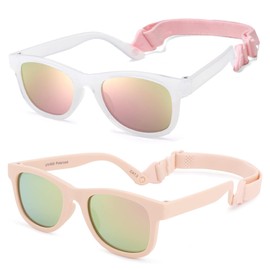 Polarized Sunglasses for Baby with Strap 100% UV Protection Shades for Toddler girls boys Age 0-24 Months 2 Pack(Opal/Pink Mirror+Light Pink/Purple Pink Mirror)