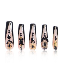 LOVFUL Press on Nails Obsidian Palace Black French Tip| Handmade with Full Covered Crystals| Reusable Fake Nails| Square Mid length 1.7in| H165-S