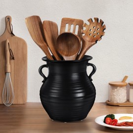 WOODWORD 2026 Upgraded Rustic Utensil Holder, Vintage Ceramic Utensil Holder, 7.3 Inch Utensil Crock for Kitchen Countertop, Retro Style Kitchen Counter Decor(Black)