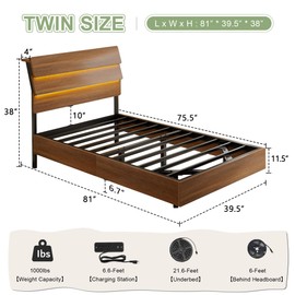Feonase Floating Bed Frame Twin with Led Lights and Charging Station, Wood Full Size Bed Frame with Storage Headboard, Heavy Duty Metal Slats, No Box Spring Needed, Easy Assembly,Walnut