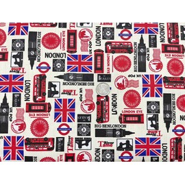 AMORNPHAN 45 Inch London British Big Ben Bus Great England United Kingdom UK England Flag Country Printed Cotton Fabric for Patchwork Needlework DIY Handmade Sewing Crafting Home Decoration For 1 Yard