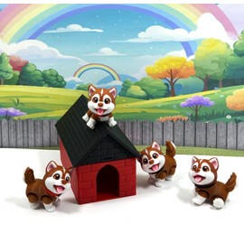 4pcs Cute 3D Printed Baby Husky Chibi Edition, 3D Printred Dog House, Brown Articulated Baby Husky Toy, Posable and Movable Head and Joints Animal, Fidget ADHD Autism Toy CH001-BRN-RH