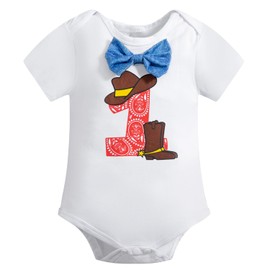 Yruiz Baby Boy Western Cowboy Theme 1st Birthday Outfit Romper Shorts Set Bow Tie Suspenders Set（9-12M）