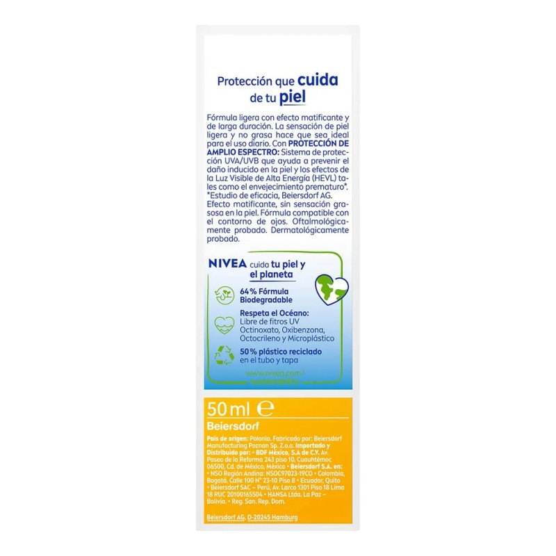 Protector Solar Facial NIVEA SUN Control Brillo Tono Claro, Cobertura