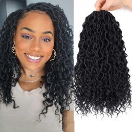 8 Packs Goddess Locs Crochet Hair for Black Women, Faux Locs with Curly Ends, Boho Style Locs, River Locs, Pre-Looped Crochet Hair with Curly Ends (14 Inch, 1B)