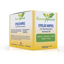 Eyecare Naturals Tea Tree Oil Eyelid Wipes with Coconut Oil - Dry Eye Wipes No Rinse, Natural Essential Oil Cleansing Eye Wipes - Daily Eyelid Makeup Remover - Box of 30 Individually Wrapped Wipes