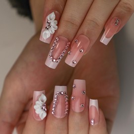 Press on Nails Gel Acrylic Nail Art Nails for Women Girls, Short Almond Medium Fake False Nails With Glue on 24 PCS (Pink Flower Diamond)