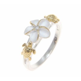 Arthur's Jewelry Sterling silver 925 Hawaiian plumeria flower cz turtle ring 2 tone yellow gold plated size 8.5