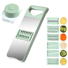 Vegetable Chopper, Mandoline Food Slicer Cutter with Handheld Container, 6 Blades and Blade Box, Cucumber Slicer, Magnetic Kitchen Tools for Veggie Potato Onion Carrot (Green(No magnet), 7 in 1)