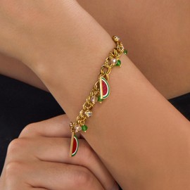 RINHOO FRIENDSHIP Cute Fruit Vegetable Pendant Bracelet for Women Pineapple Watermelon Chili Eggplant Corn Charm Chain Adjustable 18K Gold Plated Stainless Steel Summer Beach Jewelry (Watermelon)