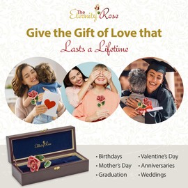 The Eternity Rose - Real 24K Gold Dipped Rose, Glazed and Gold - Trimmed, Perfect Romantic, 11.5-Inch Preserved Flowers with Leaves