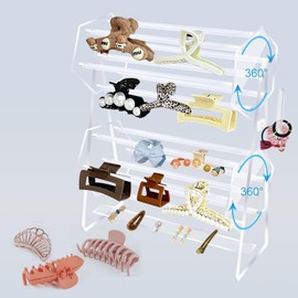 Acrylic Hair Accessories Organizer Holder, 360-Degree Rotating Claw Clip Holder and Storage Double Layers Acrylic Clear Hair Clip Organizer with Side and Bottom Organizer for Women and Girls