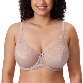 Delimira Women's Beauty Lace Non Padded Minimiser Full Figure Underwire Bra Light Brown 34HH