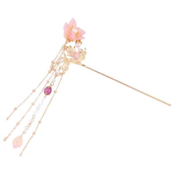 FRCOLOR Pink Pearl Flower Hair Stick Chinese Hair Chopsticks Vintage Long Tassel Hairpin Chignon Chopsticks Hemfu Hair Making Accessories