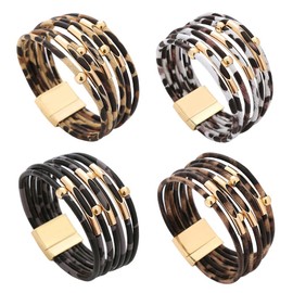 Stocking Stuffers Holiday Outfits for Women 2024 Leather Wrap Bracelet for Women Multi-Layer Wraps Bracelet Trendy Wristband Bracelet Boho Cuff Leather Bracelets Stackable Rope Cuff Bracelets for Women(A4)