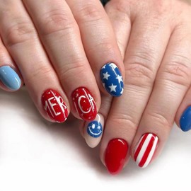 4th of July Press on Nails Independence Day Star Stripe Designs Short Almond Fake Nails Red Blue Glossy False Nails Artificial Nails Full Cover Small Stick on Nails for Women Girls Nail Accessories