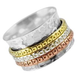 Silver Palace Radha Meditation Spinning Ring with Brass and Copper Spinner on Hammered Pattern Sterling Silver Base Ring