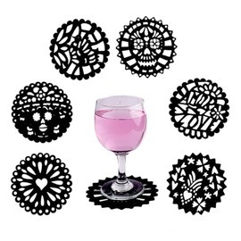 Prezent Mexico Portavasos Coasters Picados de Fieltro, Color Negro para Decoración Mexicana, Set de 6 Piezas