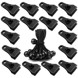 32 Pcs Tarp Clamps Clips with 6 Inch Ball Bungee Cords - Heavy Duty Lock Grip Tent Pool Awning Fasteners Tarp Clips Clamps & Bungee Ball Cords for Outdoor Camping Canopies Tarps Cargo Tent Car Cover