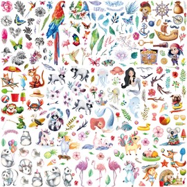 VERKSTAD 12 Sheets Temporary Tattoos For Men and Women, Mermaid Panda Waterproof Temp Tattoo Stickers for Adults, Hand and Body Art Realistic Tattoo Flower Animals