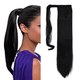 iLUU 24" Straight Wrap Around Ponytail Extension for Women 100g Heat Resistent Fiber Natural Synthetic Fiber #1 Jet Black Colored Clip in Pony Tail Ponytails for Party Gail