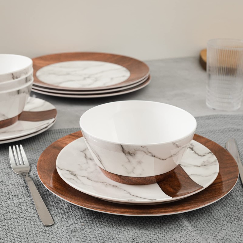 LEHAHA Rustic Modern Melamine Dinnerware Sets, Marble 12-Piece Lightweight Outdoor