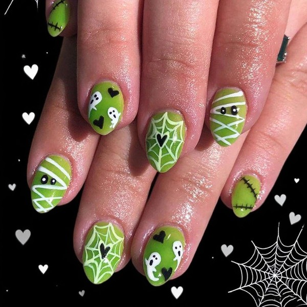 Halloween Press on Nails Short Oval Fake Nails with Ghost