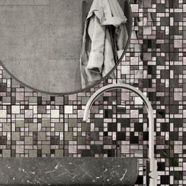 WALPLUS Pack of 96 15 x 15 cm Metallic Silver Grey Stone Mosaic Grey Aluminium Foil Wall Tiles Stickers Peel and Stick Backsplash Decals Home Decor Backstand for Kitchen Bathroom