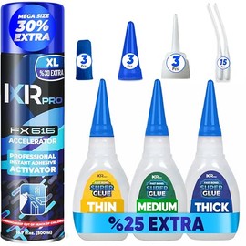CA Glue with Activator Kit (3 x 0,84 oz. Delgado-Medio-Grueso + 16,9 fl.oz.) Pegamento y activador de cianoacrilato, acelerador de pegamento, superpeg