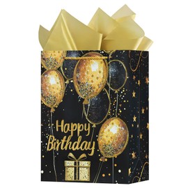 OFIHANLY 12.6" Medium Size Happy Birthday Gift Bag with Handles for Women Men Kids Baby Boy Girls Black&Gold Glitter Paper Gift Wrap Bags with Tissue Paper,1Pcs