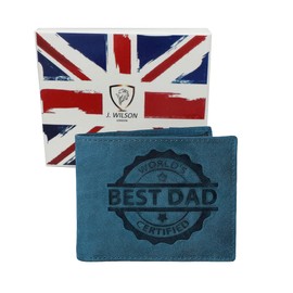 J. Wilson London Worlds Best DAD Certified Mens Genuine Distressed Hunter Leather Wallet with Coin Purse Gift Boxed (Distressed Blue)