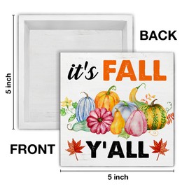 Fall Sign It's Fall Y'all Wooden Sign Farmhouse Pumpkin Autumn Decorations for Home Front Porch Shelf 5 X 5 Inches