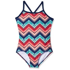 Kanu Surf Girls' Layla Beach Sport Banded 1 Piece Swimsuit, Kirsten Coral Chevron, 10