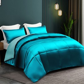 Whale Flotilla 3-Piece Reversible King Size Silky Comforter Set/Bedding Set, Luxury Soft Satin Comforter with 2 Satin Pillowcases, Lightweight Duvet Set for All Seasons, Turquoise