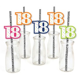 18th Birthday - Cheerful Happy Birthday - Paper Straw Decor - Colorful Eighteenth Birthday Party Striped Decorative Straws - Set of 24