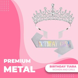 Papoopy Birthday Tiara and Crown with Sash for Women, Hair Accessories for Wedding Party Costume (B - Silver)