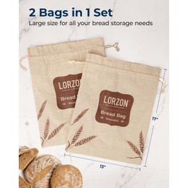 2 Pack Lorzon Large Linen Bread Bags - Reusable Sourdough Bags with TPU Lining, 13" x 17" | Keep Bread Fresh and Eco-Friendly