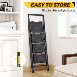 KINGRACK 4 Step Ladder 800lb Capacity, Folding Step Stool with Wide Anti-Slip Pedal & Safety Handrails, Lightweight Steel Ladder for Kitchen, Pantry, Office, Black