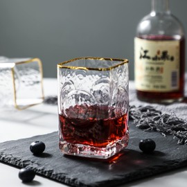 1500° C TABLETOP Gold Rim Drinking Glasses Tumbler Glass Cups, Circular Relief Premium Water Glasses Quality Coolers 13 Oz. Ideal Glassware Sets for Water, Juice and Iced Tea(Gold Rimmed)