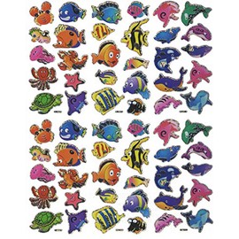 Greenbrier Silver Outline Stickers ~ Fish, Crab, Whales, Dolphins and Other Sea Life (60 Stickers, 1 Sheet)