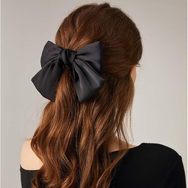 Cybche Vintage Large Satin Bow Hair Barrette Black Satin Bowknot Hair Clips Big Bow Hair Clips Silk Ribbion Bow Hair Accessories for Women Headdress