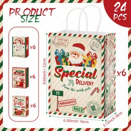 Zonon 24 Pieces Christmas Red Green Kraft Gift Bags Christmas Cartoon Goodie Paper Bags Xmas Special Delivery Bags with Handles Santa Candy Treat Bag for Holiday Favor Party Supplies
