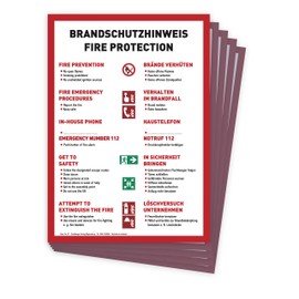 8 x Fire Safety Notice DIN A4 Bilingual English / German on Card Schafberger Verlag